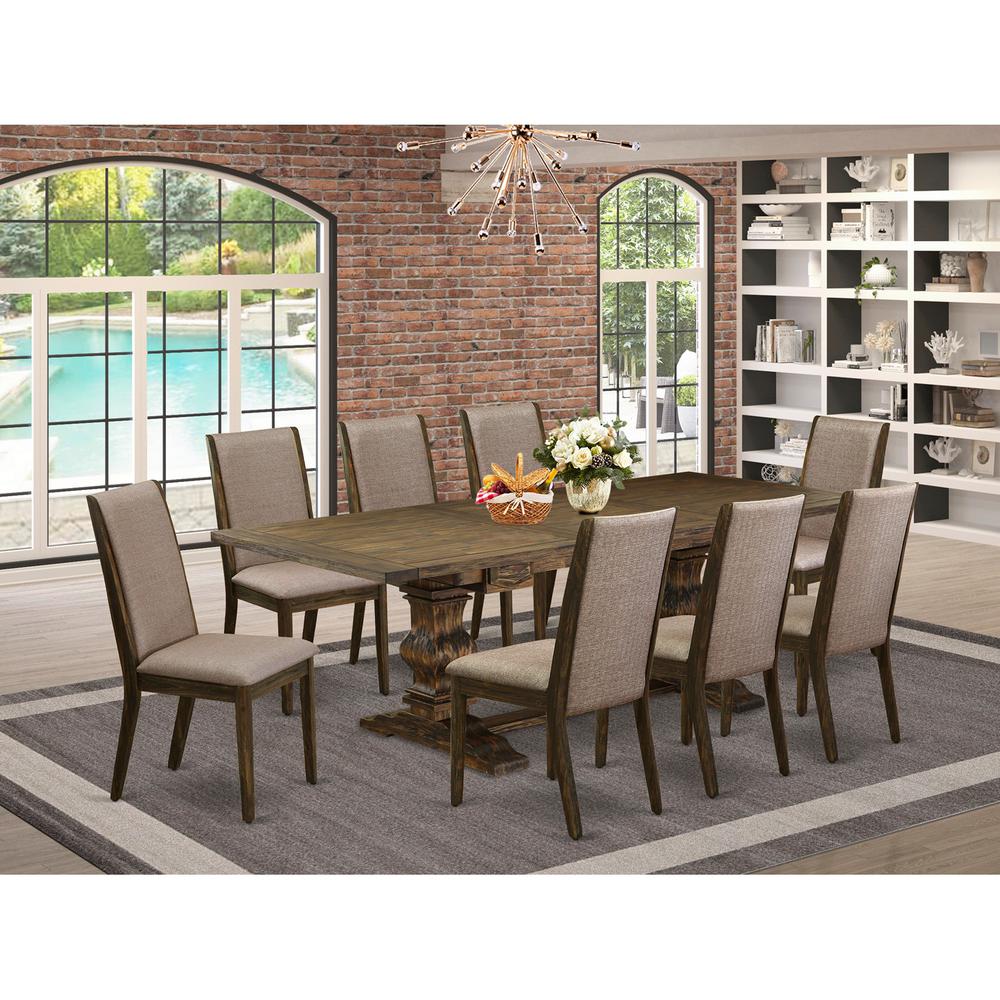 9 Piece Dining Table Set Includes a Rectangle Wooden Table with Removable Leaf and 8 Dark Khaki Linen Fabric Upholstered Chairs, 42x92 Inch, Jacobean. Picture 2