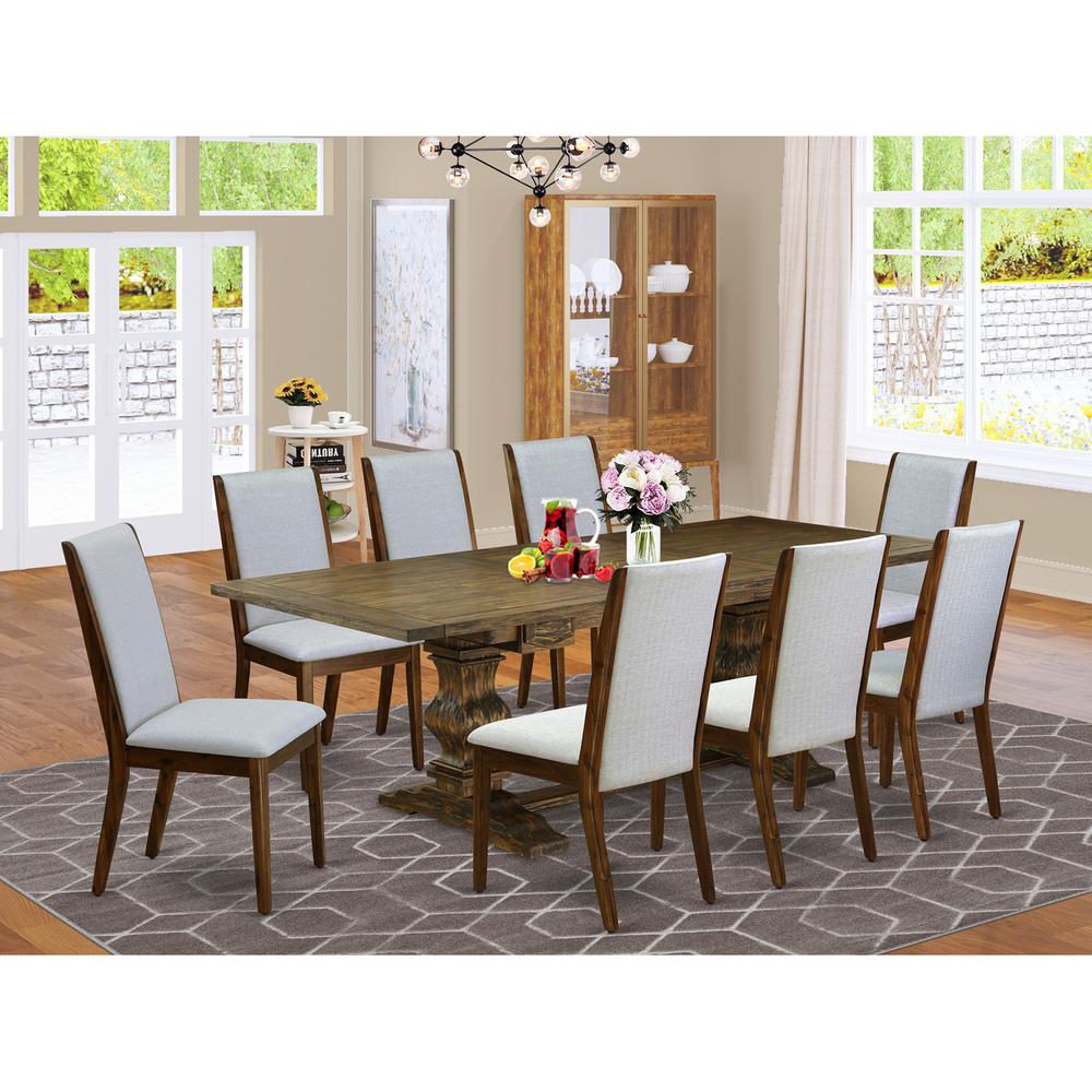 9 Piece Dining Set Includes a Rectangle Dining Room Table with Removable Leaf and 8 Grey Linen Fabric Upholstered Chairs, 42x92 Inch, Jacobean. Picture 2