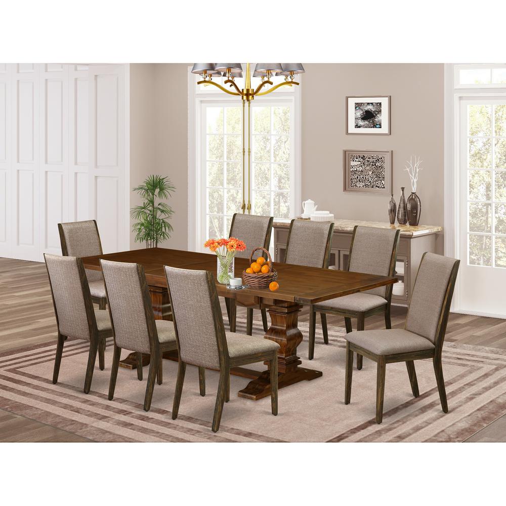 9 Piece Kitchen Table Set Includes a Rectangle Dining Table with Removable Leaf and 8 Dark Khaki Linen Fabric Parson Chairs, 42x92 Inch, Walnut. Picture 2
