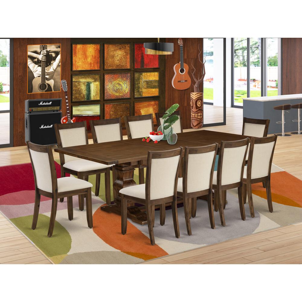East West Furniture 11-Pieces Kitchen Table Set - 1 Modern Dining Table with Double Pedestal and 10 Light Beige Linen Fabric Modern Chairs with Stylish Back - Antique Walnut Finish. Picture 2