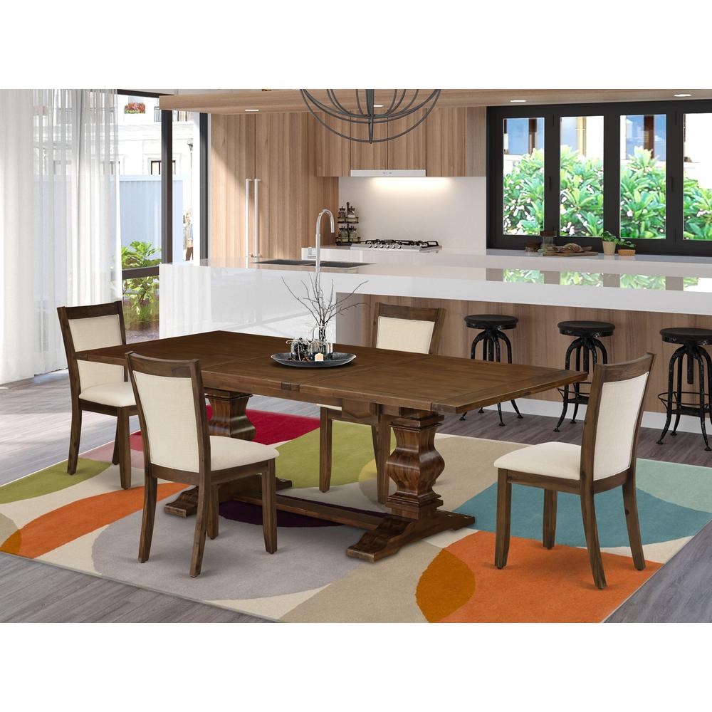 East West Furniture 5-Pieces Dining Room Set - 1 Rectangular Modern Kitchen Table with Double Pedestal and 4 Light Beige Linen Fabric Chairs with Stylish High Back - Antique Walnut Finish. Picture 2