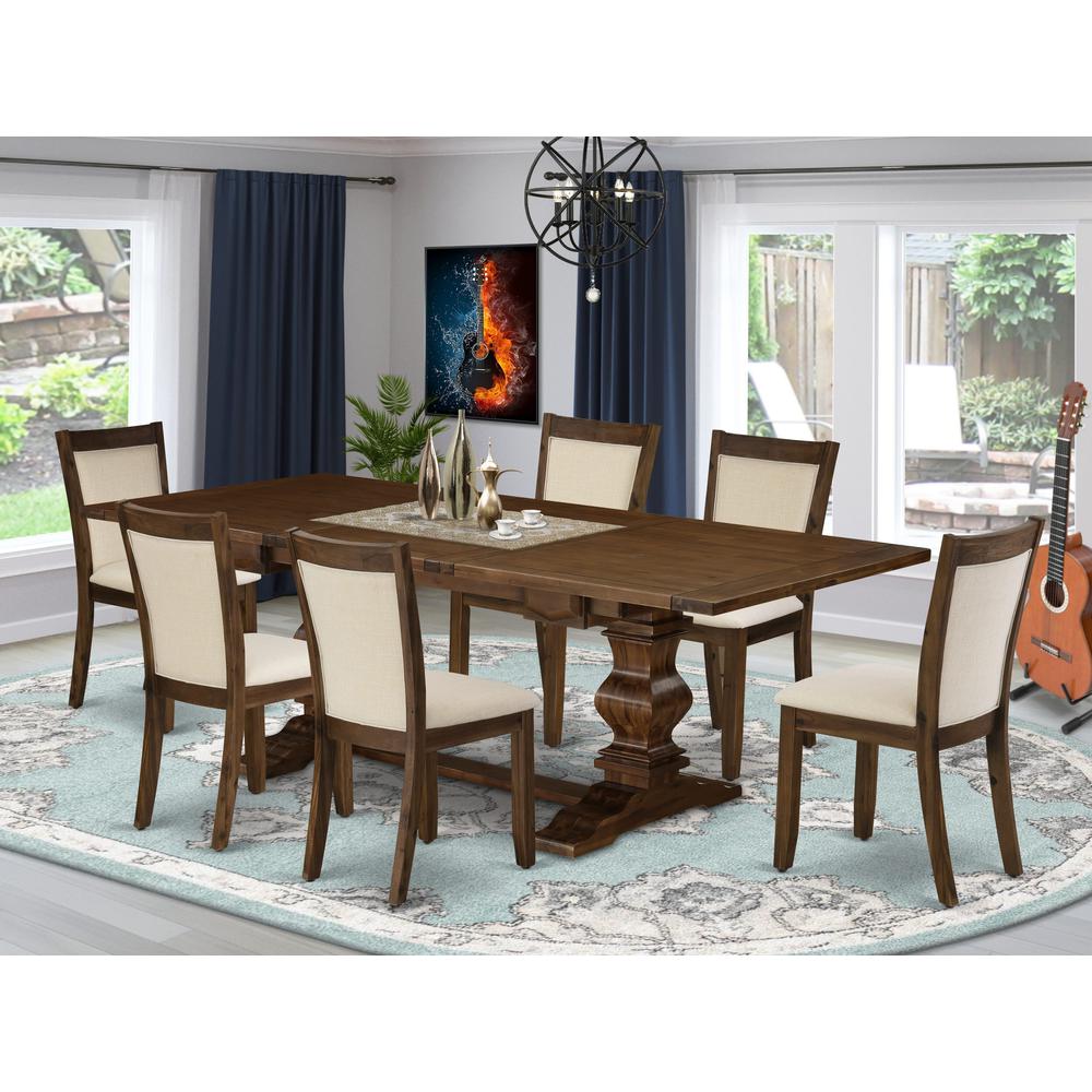 East West Furniture 7-Pieces Table Set - 1 Rectangular Dining Table with Double Pedestal and 6 Light Beige Linen Fabric Wood Dining Chairs with Stylish High Back - Antique Walnut Finish. Picture 2
