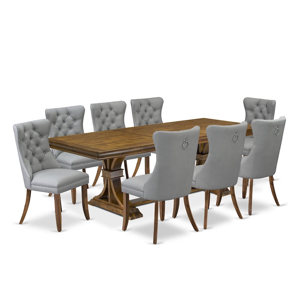 9 Pieces Dining Table Set a Rectangle Table and 8 Dining Chairs, Antique Walnut. Picture 1