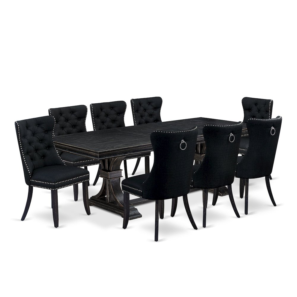 9 piece modern dining set of a dinner table and 8 Linen Fabric kitchen chairs. Picture 1