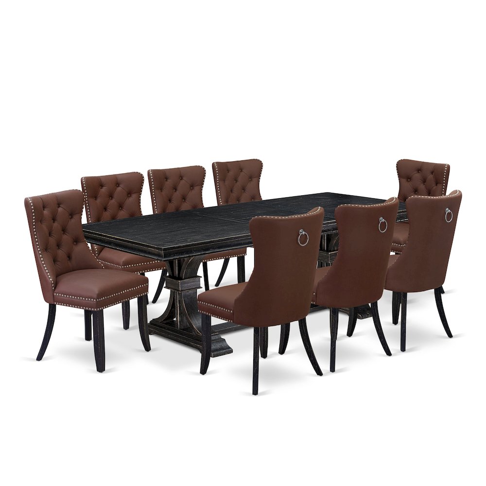 9 piece modern dining set a wooden table and 8 Faux Leather upholstered Chairs. Picture 1