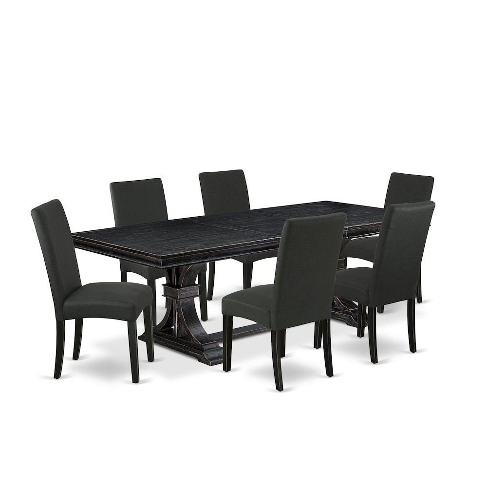 7 piece dining table set of a wooden table and 6 Linen Fabric dining chairs. Picture 1