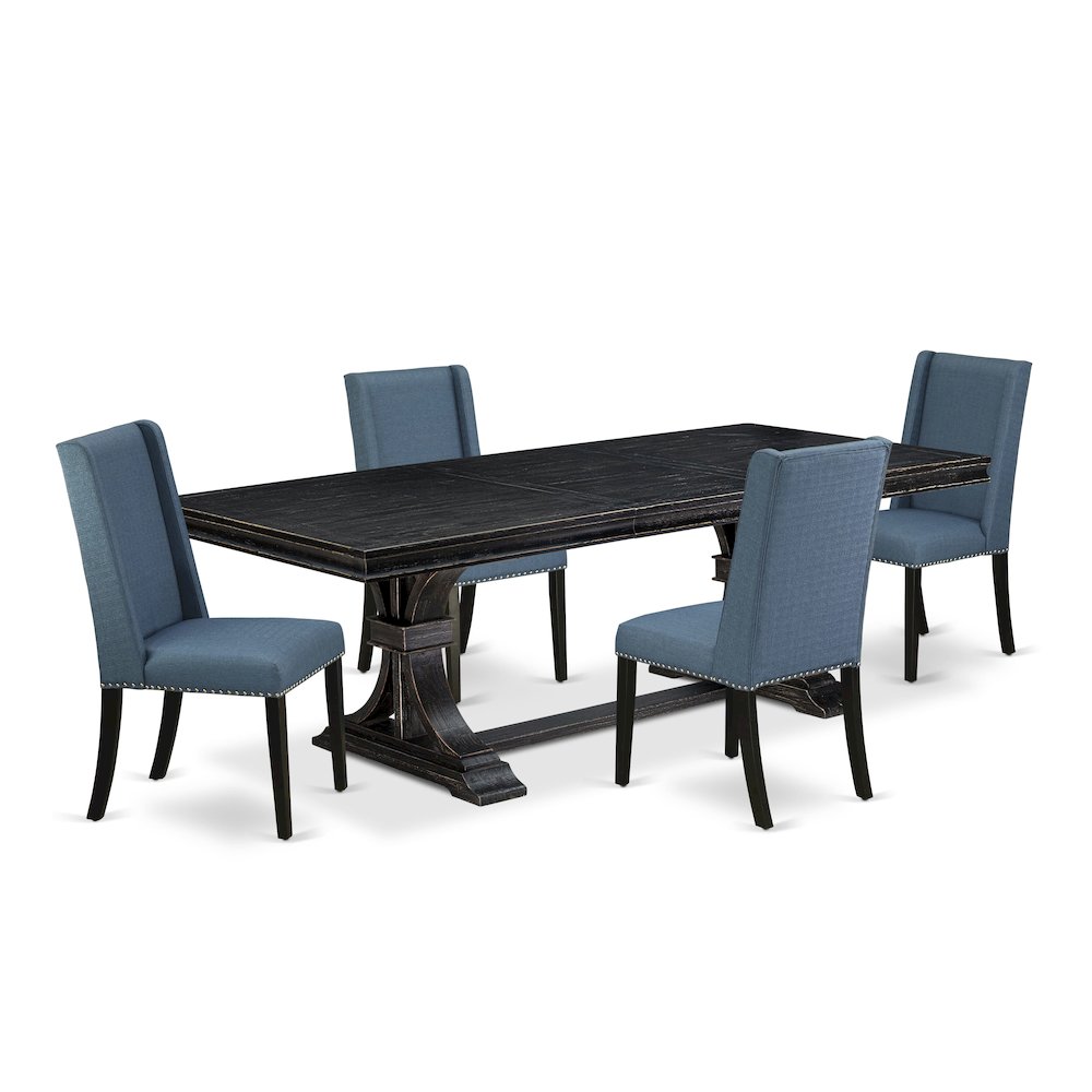 5 piece dining set consists of a dinner table and 4 Linen Fabric dining chairs. Picture 1
