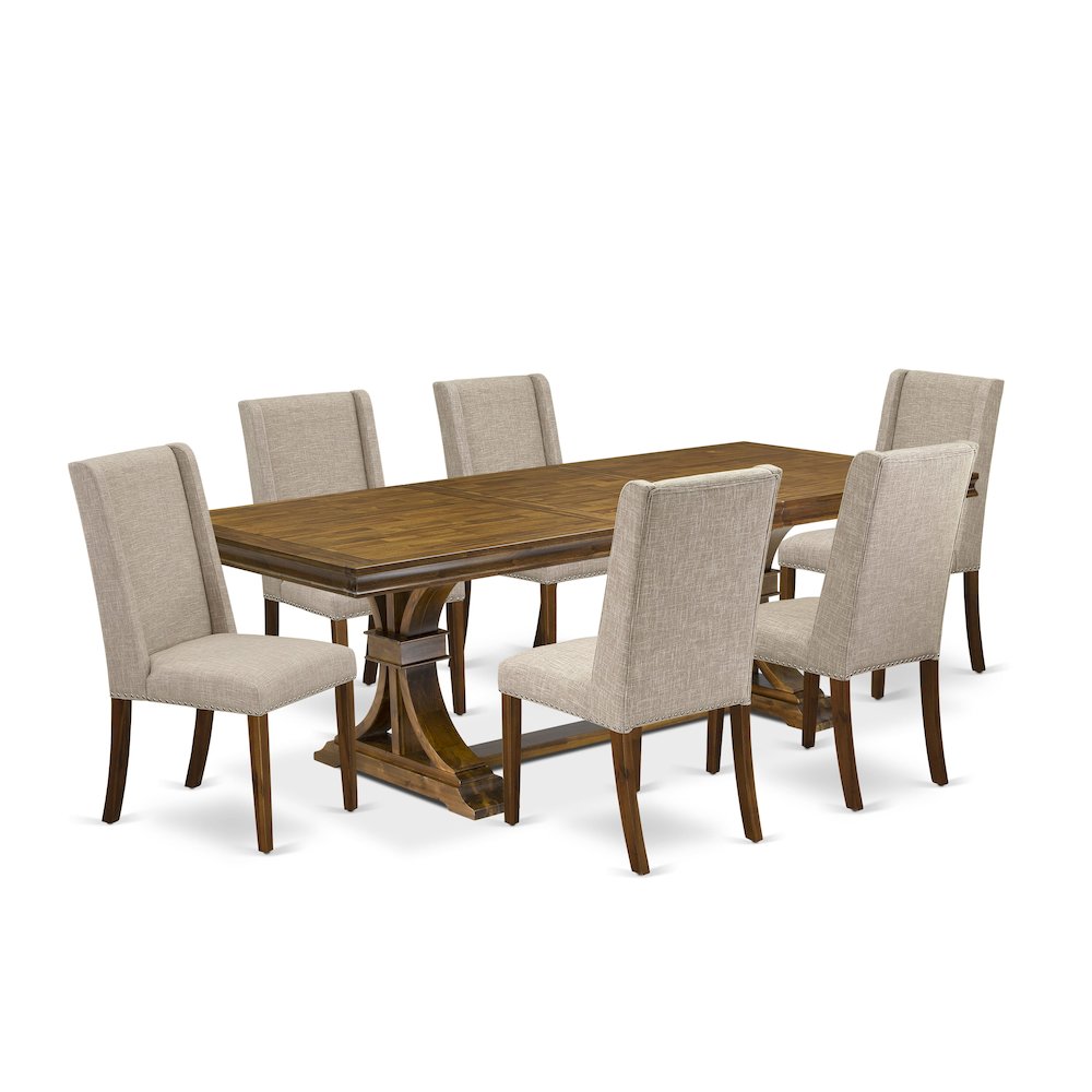 7 piece dining table set a wooden table and 6 Linen Fabric modern chairs. Picture 1