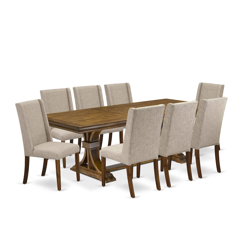 9 piece kitchen table set of a rectangular table and 8 parson chairs. Picture 1