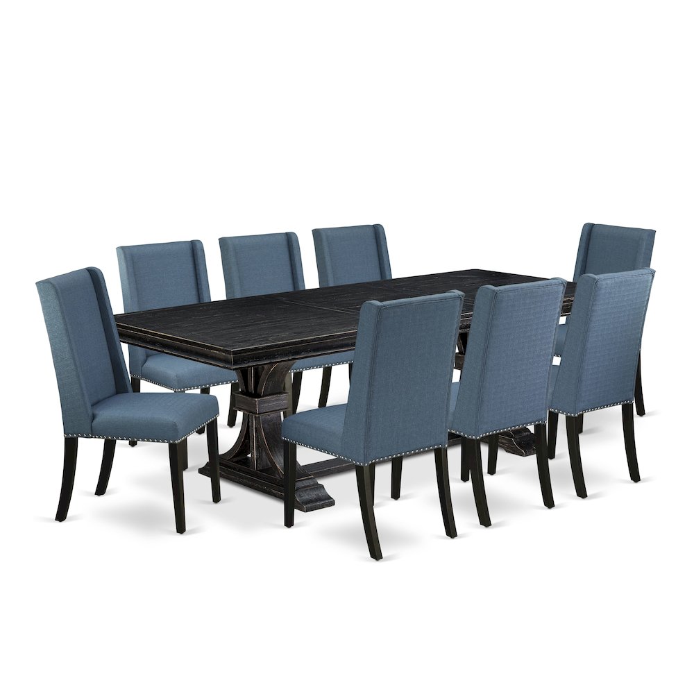 9 piece dining table set of a wooden table and 8 Linen Fabric upholstered chairs. Picture 1