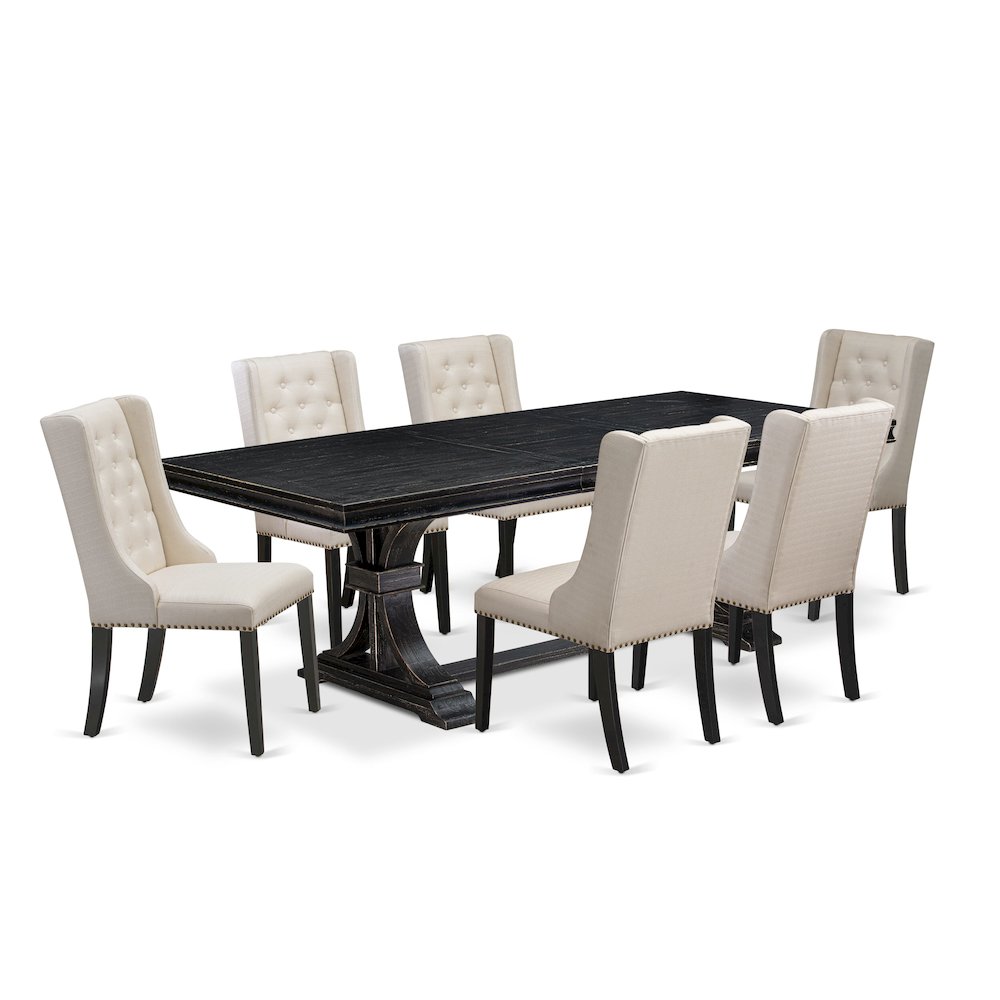 7 piece dining table set of a wooden table and 6 Linen Fabric dining chairs. Picture 1