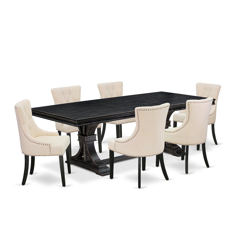 7 piece dining set of a wooden table and 6 dining chairs & black legs. Picture 1