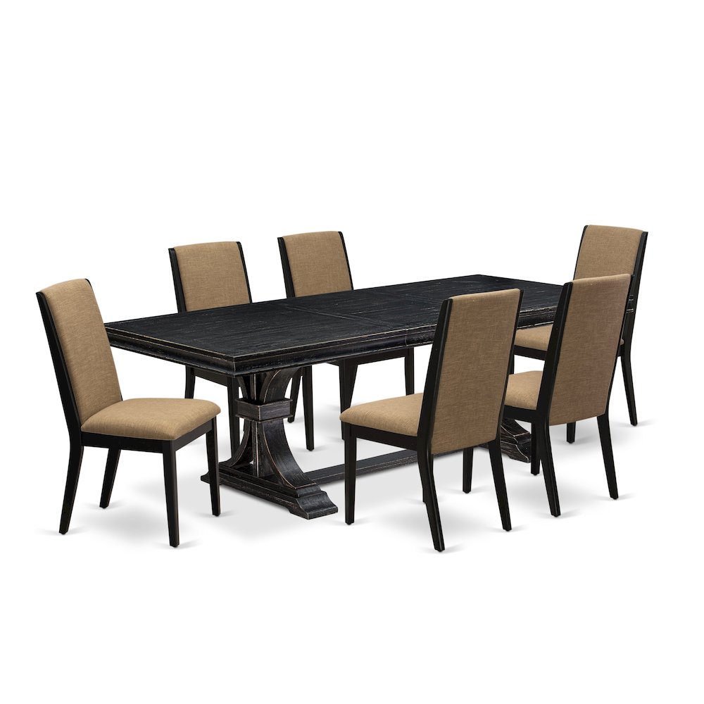 7 piece dining set of a wooden table 6 Linen Fabric dining chairs & black legs. Picture 1