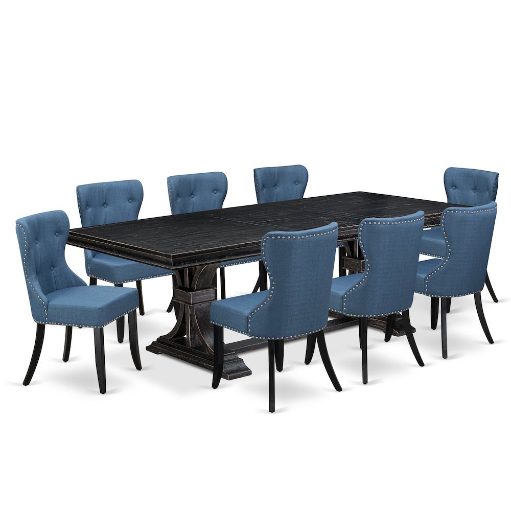 9 piece Dining Room Set of a Modern Table and 8 Linen Fabric Dining Room Chairs. Picture 1