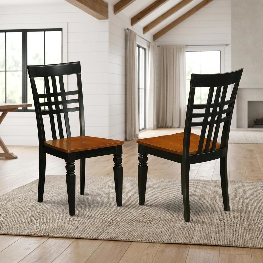 Traditional Solid Wood Dining Chair with Wood Seat, Black & Cherry, Set of 2. Picture 3