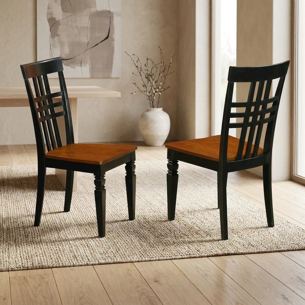 Traditional Solid Wood Dining Chair with Wood Seat, Black & Cherry, Set of 2. Picture 4