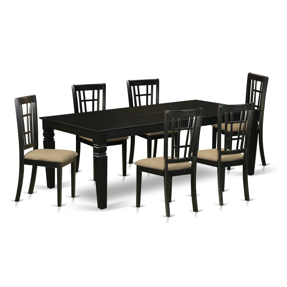 LGNI7-BLK-C 7 Pc Dining Room set with a Kitchen Table and 6 Linen Dining Chairs in Black. Picture 1