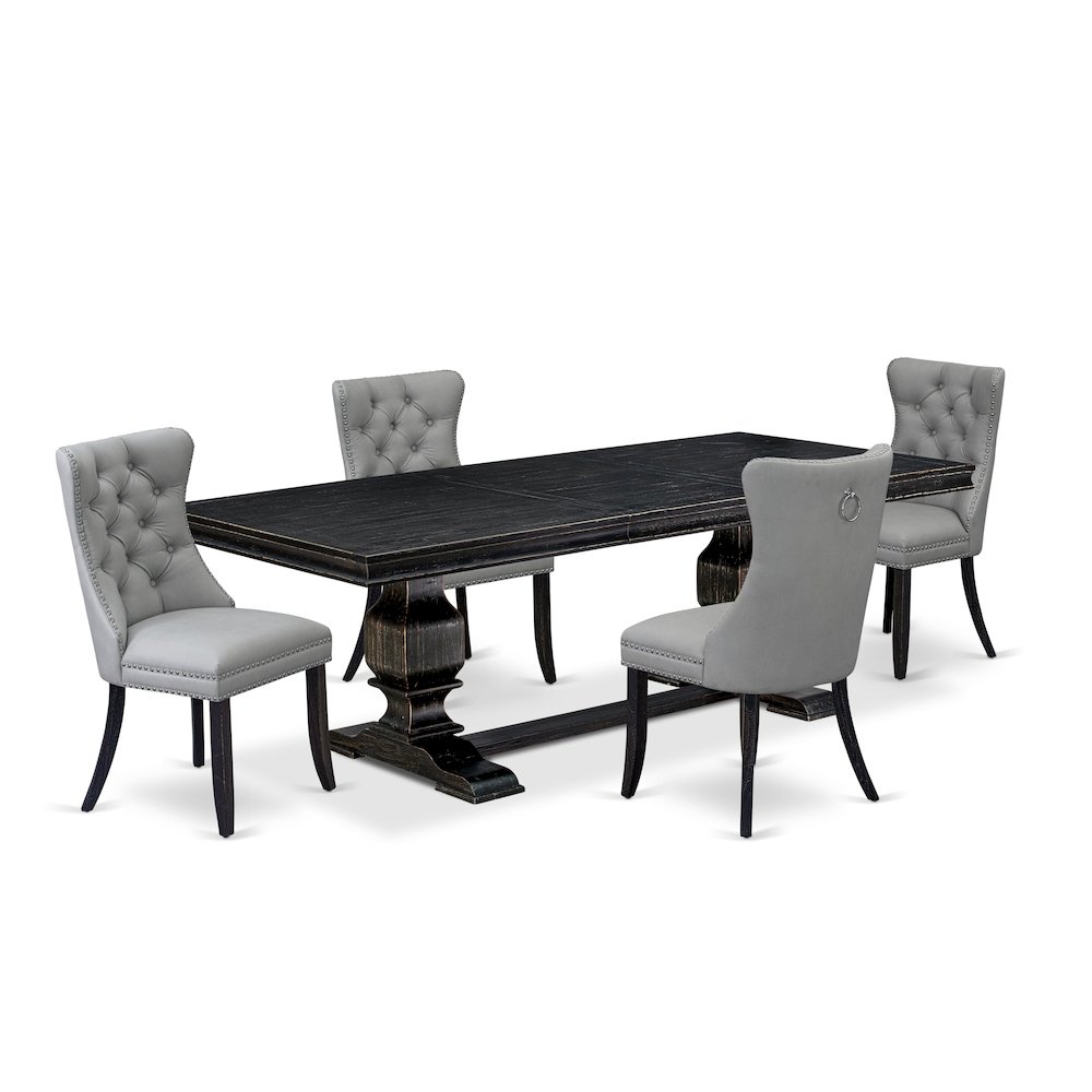 5 piece dining set includes a wooden table and 4 Faux Leather parson chairs. Picture 1