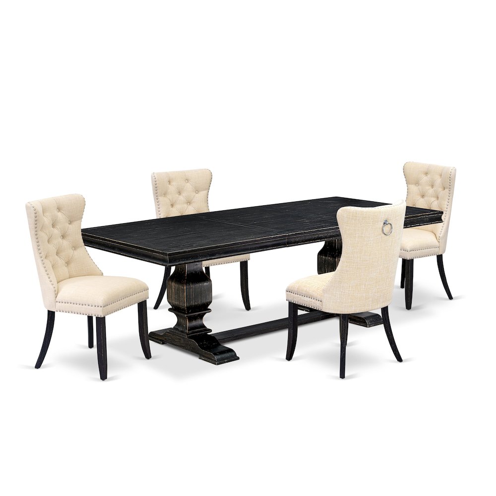 5 piece kitchen set of a wooden dining table and 4 Linen Fabric dining chairs. Picture 1