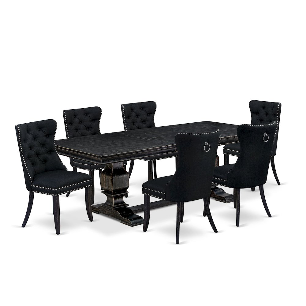 7 piece dining room set of a kitchen table and 6 Linen Fabric upholstered chairs. Picture 1