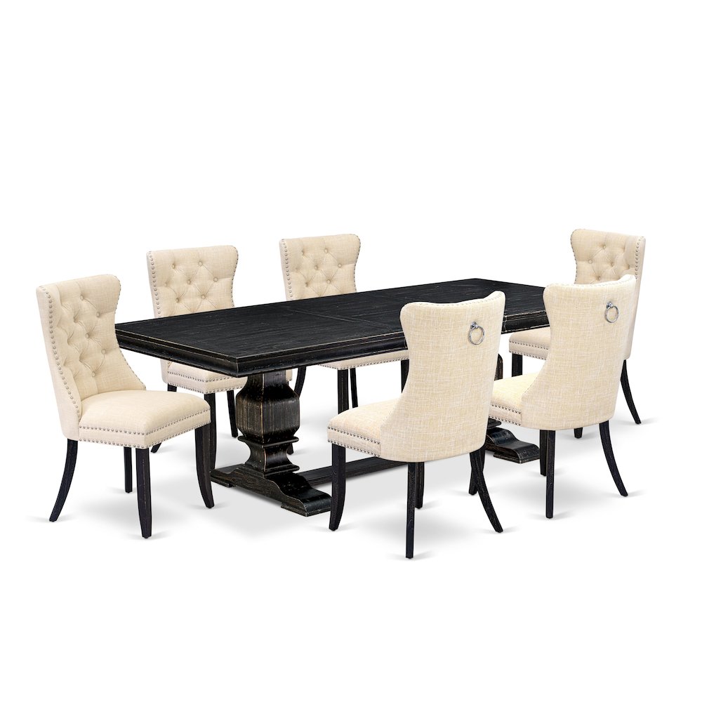 7 piece dining room set of a kitchen table and 6 Linen Fabric parson chairs. Picture 1