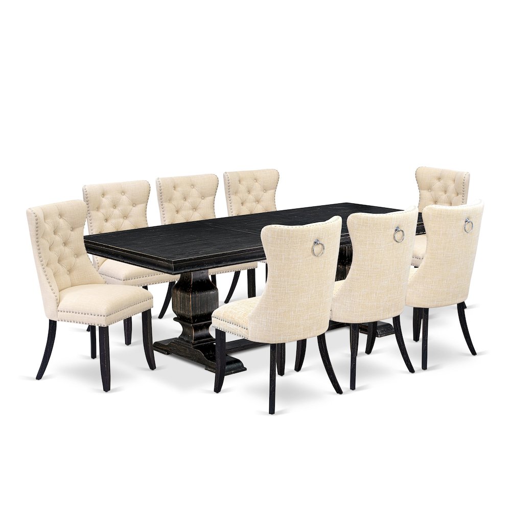 9 piece dining set of a breakfast table and 8 Linen Fabric dining room chairs. Picture 1