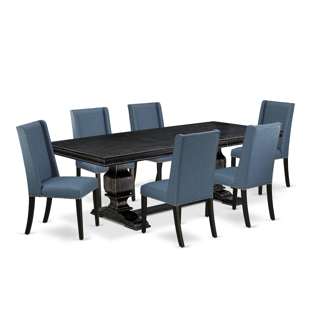 7 piece dining room set of a breakfast table and 6 Linen Fabric dining chairs. Picture 1