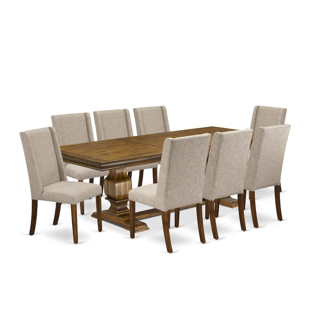 9 piece modern dining set a breakfast table and 8 Linen Fabric kitchen chairs. Picture 1