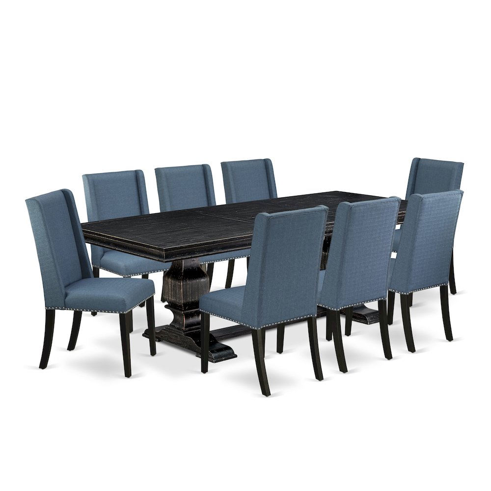 9 piece dining table set of a dinner table and 8 Linen Fabric kitchen chairs. Picture 1