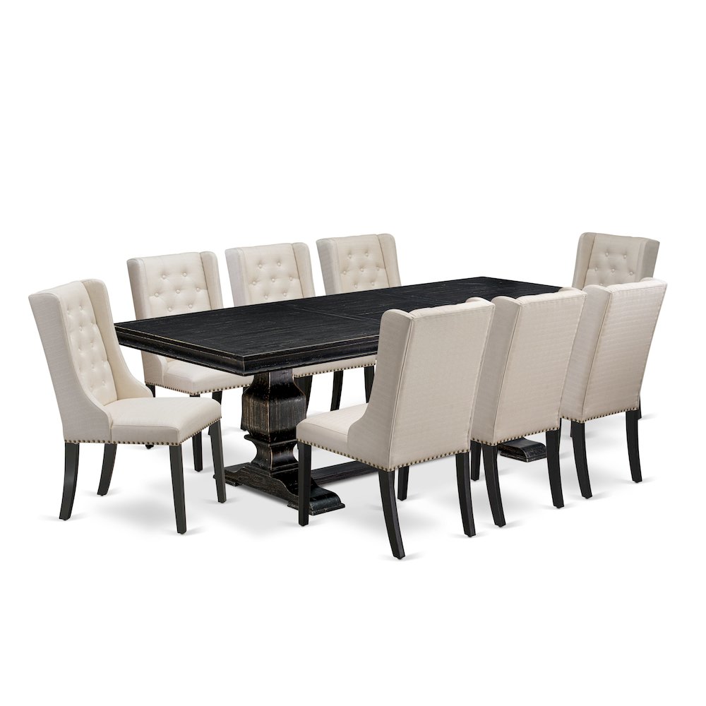 9 piece modern dining set of a wooden table and 8 Linen Fabric dining chairs. Picture 1