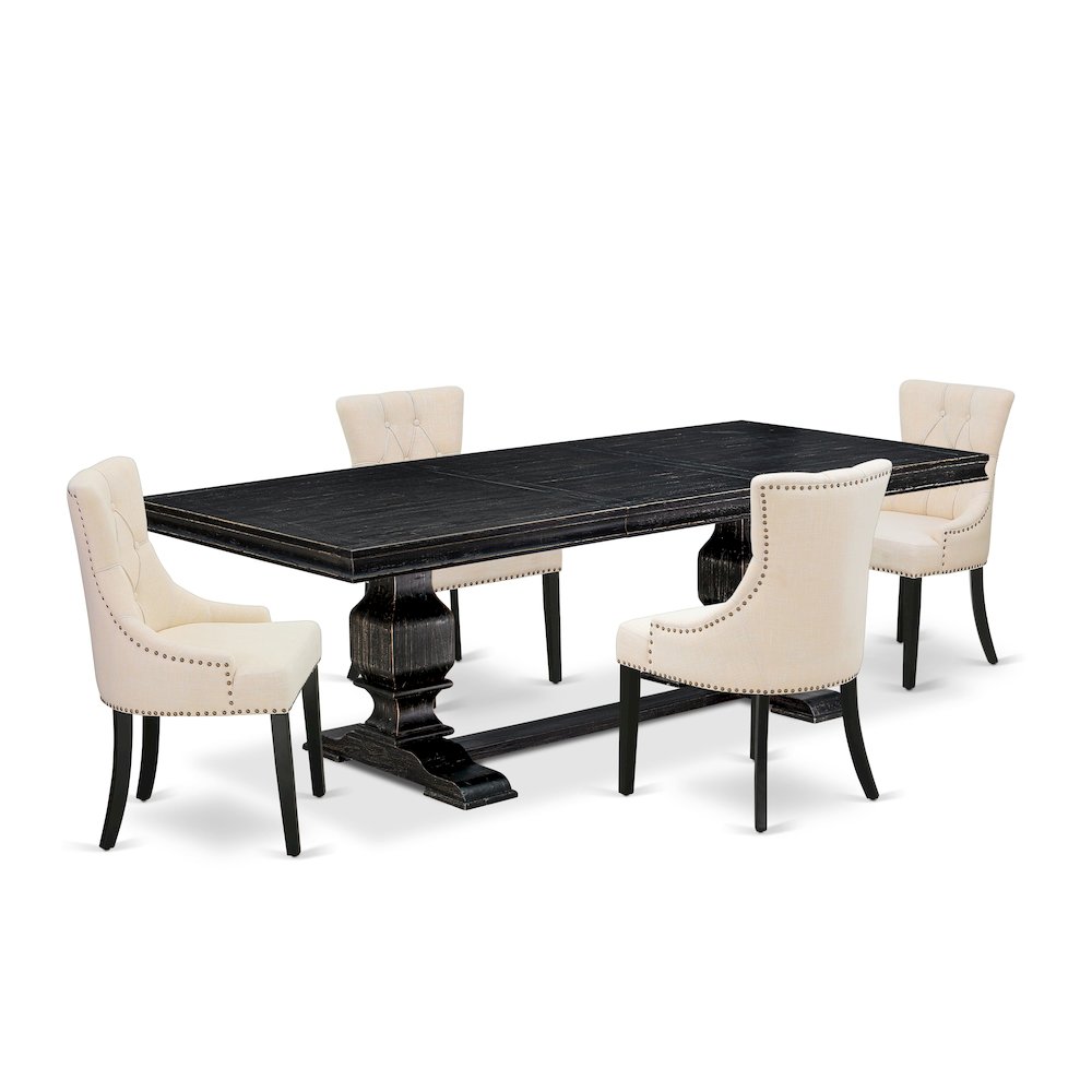 5 piece kitchen set of a table and 4 Linen Fabric dining chairs & black legs. Picture 1