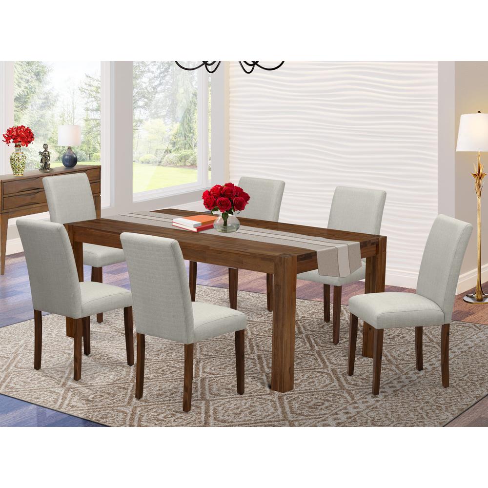 LMAB7-N8-05 - 7-Pc Kitchen Table Set- 6 Upholstered Dining Chairs and dining table - Grey Linen Fabric Seat and High Chair Back (Antique Walnut Finish). Picture 2