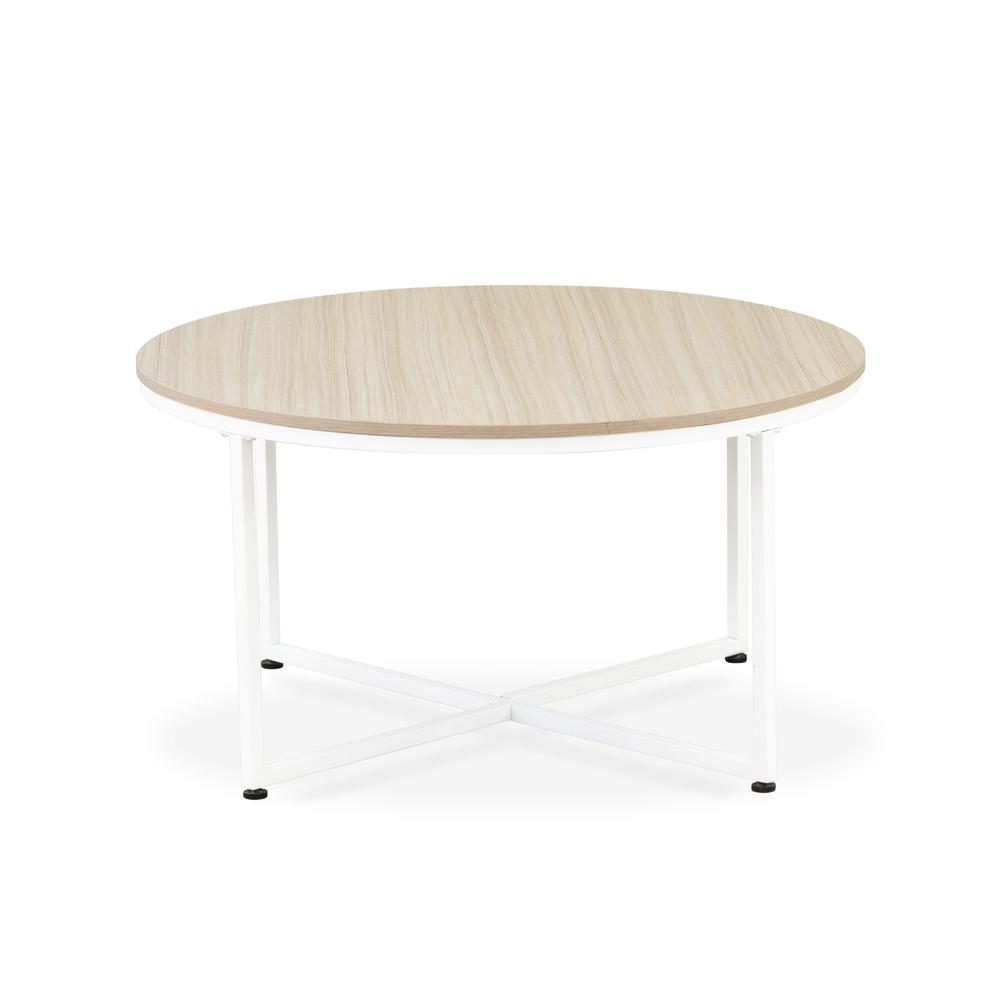 Madison Round Coffee Table for Living Room, Mid Century Modern Coffee Table in Powder Coating White Color and White Wood Laminate. Picture 2