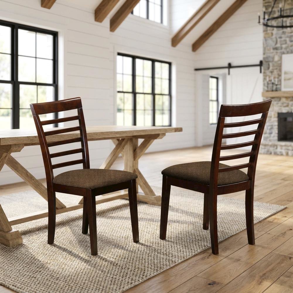 Solid Wood Ladder-Back Dining Chair with Linen Upholstered Seat, Mahogany, Set of 2. Picture 3
