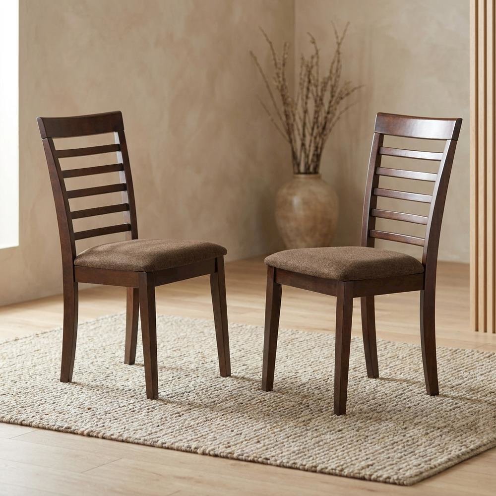 Solid Wood Ladder-Back Dining Chair with Linen Upholstered Seat, Mahogany, Set of 2. Picture 4