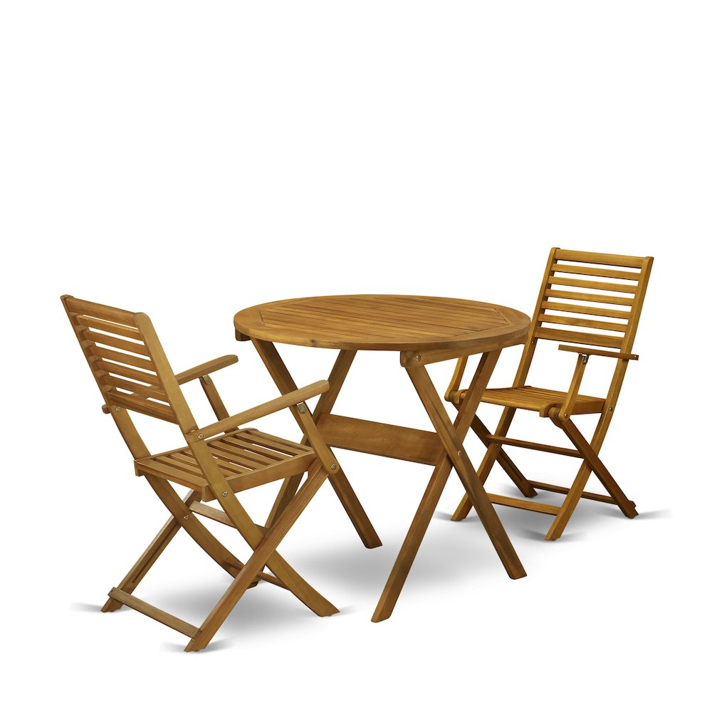 East West Furniture 3-Piece Outdoor Dining Table Set Includes a Bistro Table and 2 Folding Dining Chairs Perfect for Garden, Terrace, Bistro, and Porch - Natural Oil Finish. Picture 1