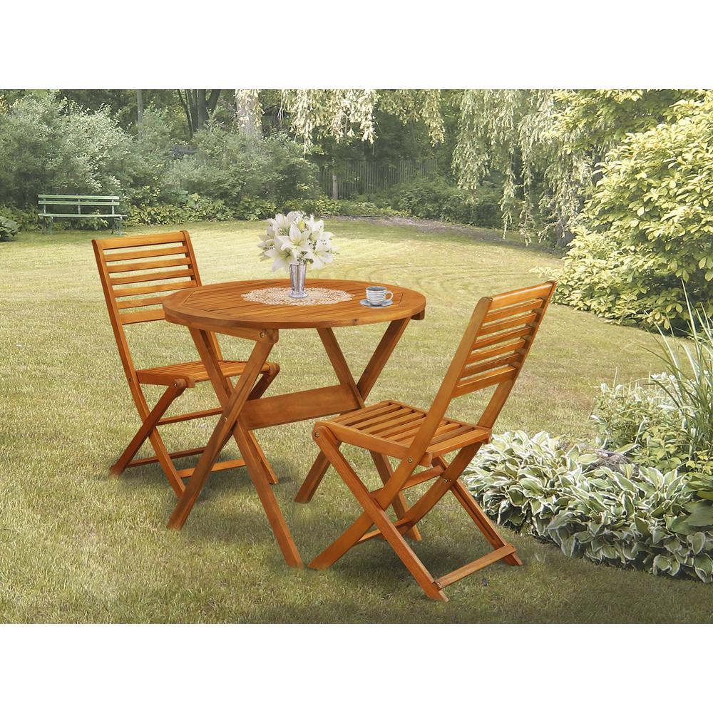 East West Furniture 3-Piece Folding Patio Set Contains a Folding Patio Table and 2 Outdoor Bistro Chairs Suitable for Garden, Terrace, Bistro, and Porch - Natural Oil Finish. Picture 2