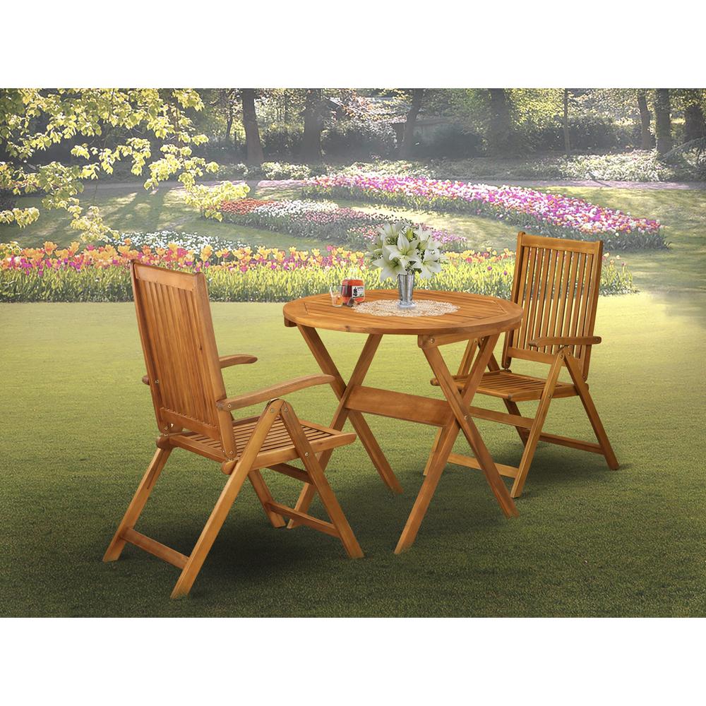 MNCN3C5NA 3-Pc Patio Outdoor Dining Table Set Consists of a Folding Camping Table and 2 Outdoor Patio Chairs - Natural Oil Finish. Picture 2