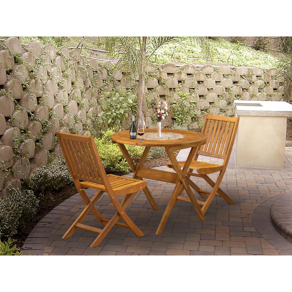 East West Furniture 3-Pc Patio Table Set Consists of a Wooden Folding Table and 2 Folding Patio Chairs Ideal for Garden, Terrace, Bistro, and Porch - Natural Oil Finish. Picture 4