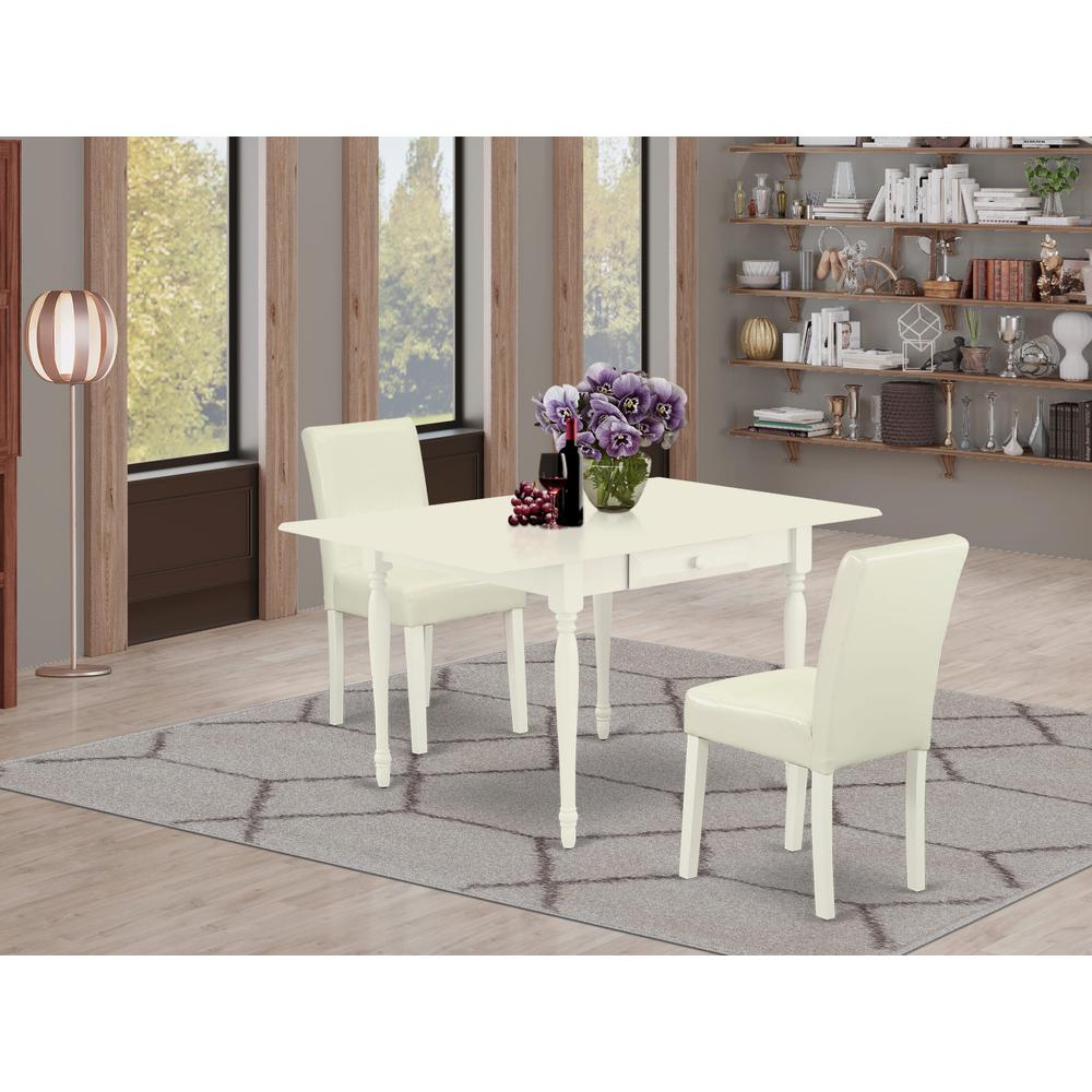 1MZAB3-LWH-64 3Pc Dining Table Set for 2 Includes a Small Dining Table and 2 Parsons Chairs with White Color PU Leather, Drop Leaf Table with Full Back Chairs, Linen White Finish. Picture 8