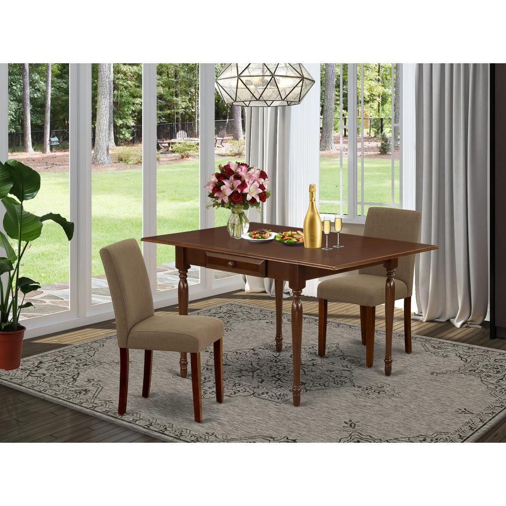 1MZAB3-MAH-18 3Pc Dining Table Set Includes a Dining Table and 2 Parson Chairs with Coffee Color Linen Fabric, Drop Leaf Table with Full Back Chairs, Mahogany Finish. Picture 8