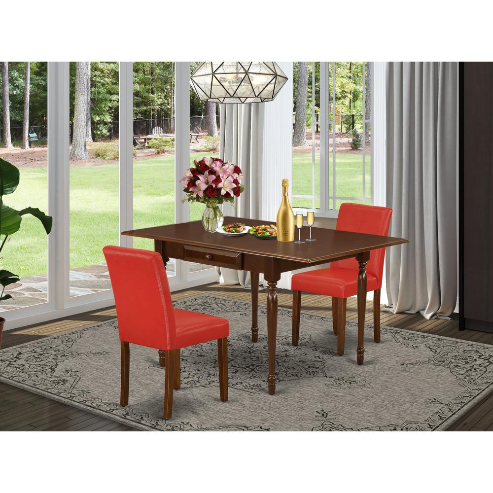 1MZAB3-MAH-72 3Pc Dinette Sets for Small Spaces Consists of a Wood Dining Table and 2 Parsons Dining Chairs with Firebrick Red Color PU Leather, Drop Leaf Table with Full Back Chairs, Mahogany Finish. Picture 8