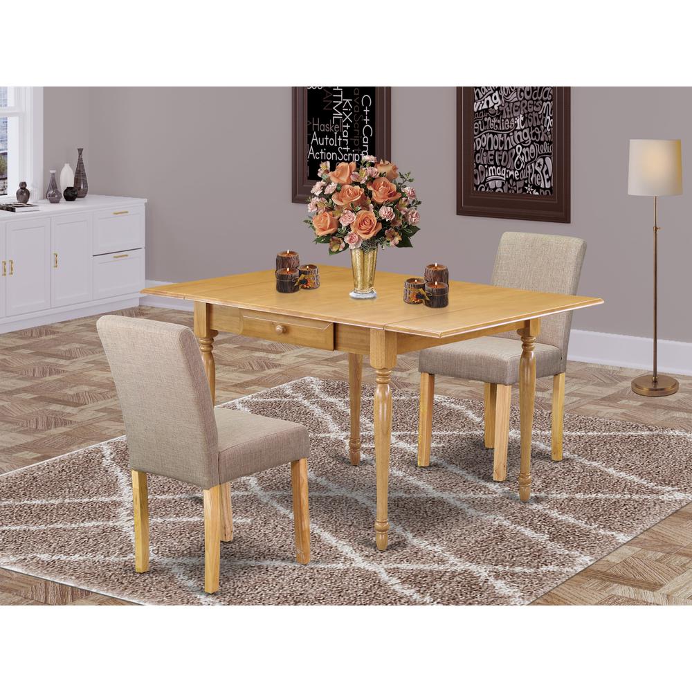 1MZAB3-OAK-04 3Pc Dinette Set Contains a Small Dining Table and 2 Parsons Dining Chairs with Light Fawn Color Linen Fabric, Drop Leaf Table with Full Back Chairs, Oak Finish. Picture 8