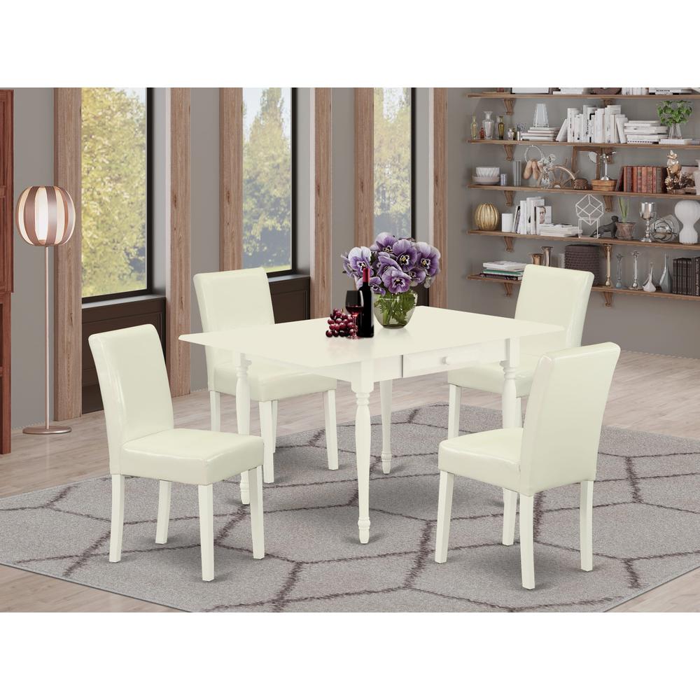 1MZAB5-LWH-64 5Pc Wood Dining Table Set Consists of a Dining Table and 4 Parsons Dining Chairs with White Color PU Leather, Drop Leaf Table with Full Back Chairs, Linen White Finish. Picture 8