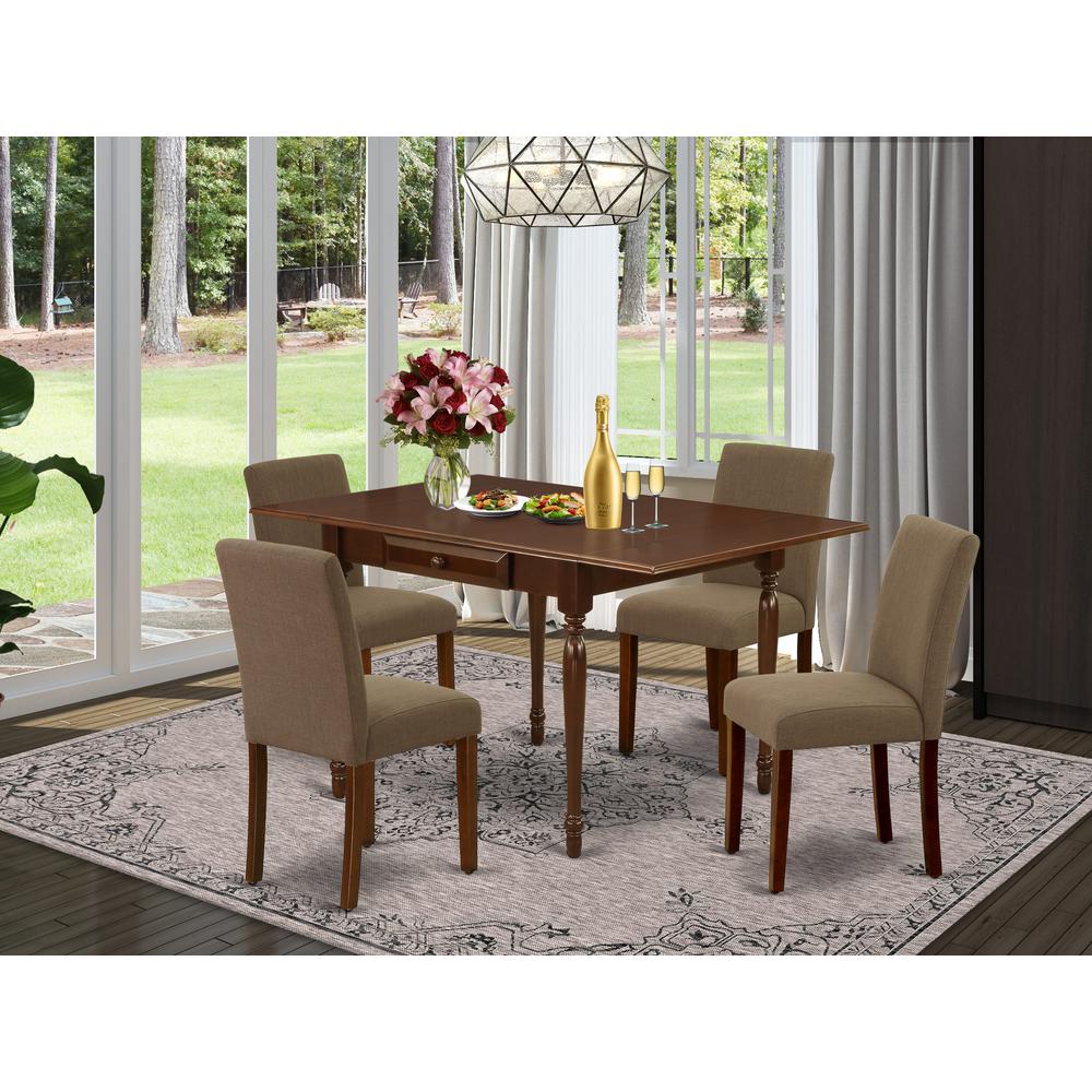 1MZAB5-MAH-18 5Pc Modern Dining Table Set Includes a Wood Dining Table and 4 Parson Chairs with Coffee Color Linen Fabric, Drop Leaf Table with Full Back Chairs, Mahogany Finish. Picture 8