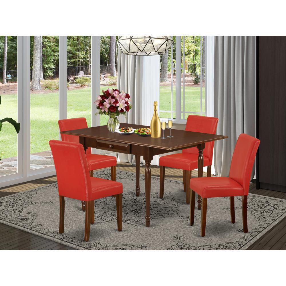 1MZAB5-MAH-72 5Pc Dining Set for 4 Includes a Dining Room Table and 4 Parsons Chairs with Firebrick Red Color PU Leather, Drop Leaf Table with Full Back Chairs, Mahogany Finish. Picture 8