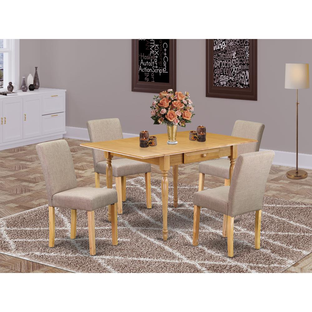 1MZAB5-OAK-04 5Pc Kitchen Table Sets Contains a Dining Room Table and 4 Parson Chairs with Light Fawn Color Linen Fabric, Drop Leaf Table with Full Back Chairs, Oak Finish. Picture 8