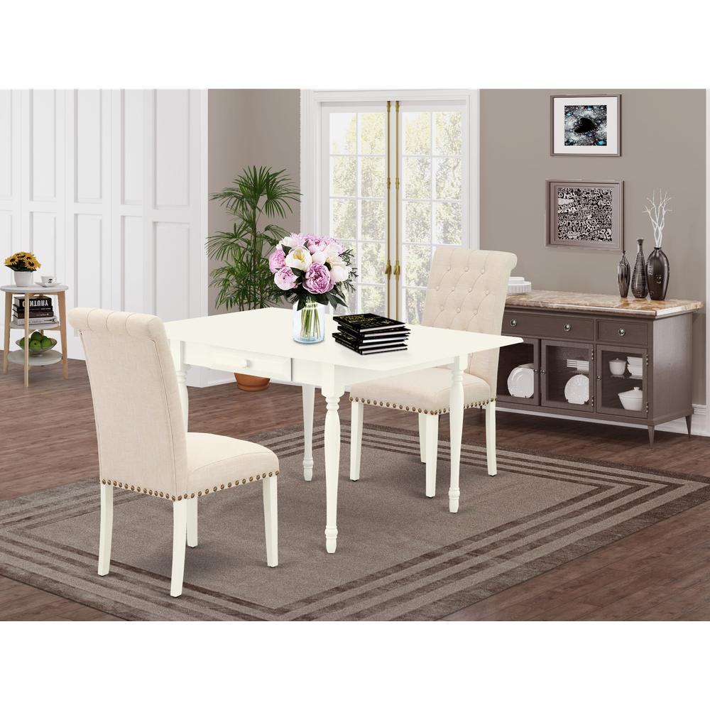 1MZBR3-LWH-02 3Pc Dining Table Set Contains a Kitchen Table and 2 Parsons Chairs with Light Beige Color Linen Fabric, Drop Leaf Table with Full Back Chairs, Linen White Finish. Picture 8