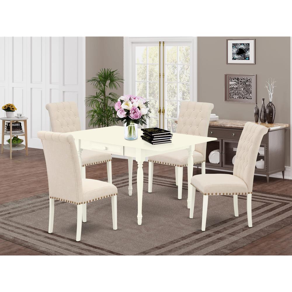 1MZBR5-LWH-02 5Pc Dinette Set Includes a Small Table and 4 Parsons Dining Chairs with Light Beige Color Linen Fabric, Drop Leaf Table with Full Back Chairs, Linen White Finish. Picture 8