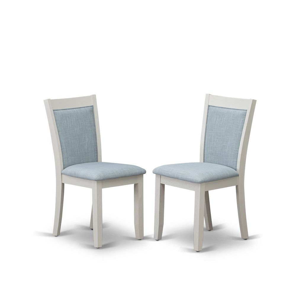 V026MZ015-5 5-Piece Dining Room Set Contains a Dining Table and 4 Baby Blue Upholstered Chairs - Wire Brushed Linen White Finish. Picture 6
